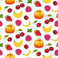 Cute colorful seamless pattern with fruits and vegetables on a white background. Pumpkin, banana, strawberry, raspberry, cherry seamless pattern for fabric, wrapper or wallpaper design. vector