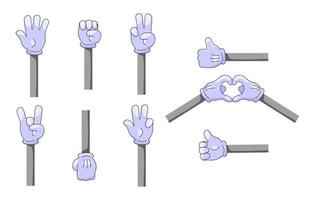 Set of cartoon hands in gloves. Retro comic hands in gloves with various gestures. Vector illustration.