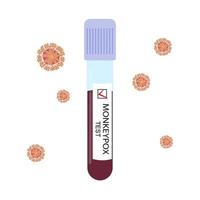 Test tube, blood sample with positive test for monkeypox virus and virus cells isolated on white background. Vector illustration.