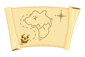 Pirate treasure map. Twisted parchment with quest. Vector illustration of old paper with path direction.