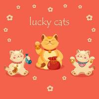 Cats of luck Maneki Neko. Postcard with Asian culture. Japanese illustration of symbol of wealth. vector