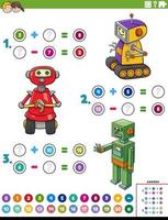 addition and subtraction worksheet with cartoon robots vector