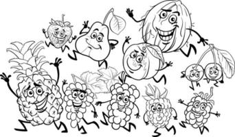 cartoon playful fruit characters group coloring page vector
