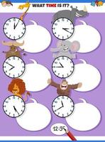 telling time educational task with cartoon animals vector