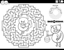 maze with cartoon piglet going to school coloring page vector