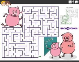 maze game with cartoon piglet pupil running to school vector