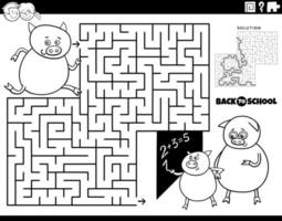 maze with cartoon piglet running to school coloring page vector