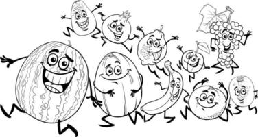 cartoon funny fruit characters group coloring page vector