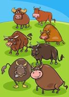 cartoon bulls farm animals in the meadow vector