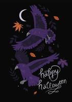 Halloween card with crows and leaves. Vector graphics.