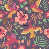 Seamless pattern with hummingbirds and hibiscus. Vector graphics.