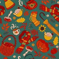 Seamless pattern with autumn items. Vector graphics.