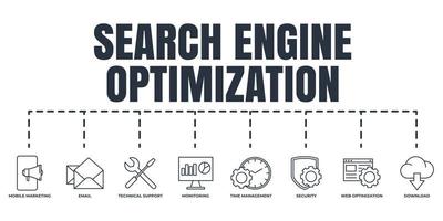 optimización de motores de búsqueda. conjunto de iconos web de banner seo. soporte técnico, seguridad, marketing móvil, monitoreo, gestión del tiempo, optimización web, descarga, concepto de ilustración vectorial de correo electrónico. vector