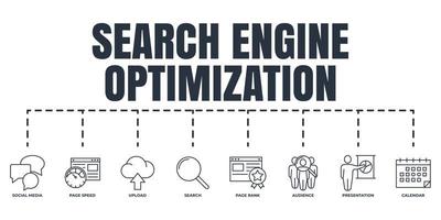 optimización de motores de búsqueda. conjunto de iconos web de banner seo. rango de página, búsqueda, redes sociales, calendario, presentación, audiencia, velocidad de página, concepto de ilustración vectorial de carga. vector