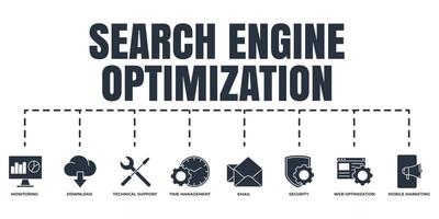 optimización de motores de búsqueda. conjunto de iconos web de banner seo. soporte técnico, seguridad, marketing móvil, monitoreo, gestión del tiempo, optimización web, descarga, concepto de ilustración vectorial de correo electrónico. vector