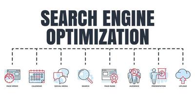 optimización de motores de búsqueda. conjunto de iconos web de banner seo. rango de página, búsqueda, redes sociales, calendario, presentación, audiencia, velocidad de página, concepto de ilustración vectorial de carga. vector