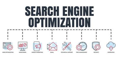 optimización de motores de búsqueda. conjunto de iconos web de banner seo. soporte técnico, seguridad, marketing móvil, monitoreo, gestión del tiempo, optimización web, descarga, concepto de ilustración vectorial de correo electrónico. vector