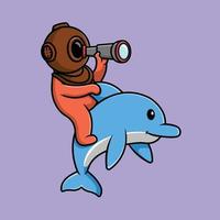 Cute Diver Binocular On Dolphin Cartoon Vector Icon Illustration. Science Nature Flat Cartoon Concept