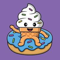 Cute Ice Cream Sitting On Doughnut Cartoon Vector Icon Illustration. Food Object Flat Cartoon Concept