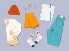 Sweaters, jeans, glasses, socks, hat, note list and scarf flat lay style. Trendy top down view illustration. Autumn atmosphere. Modern minimalistic group of clothes design for web card, banner. vector