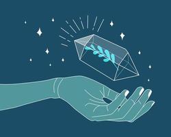 Hand holding crystal gem outline illustration. Magic crystal concept. Modern vector illustration. Transparent line art gem with leaf and stars. Minimalistic design for web.