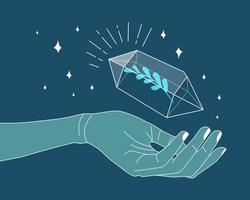 Hand holding crystal gem outline illustration. Magic crystal concept. Modern vector illustration. Transparent line art gem with leaf and stars. Minimalistic design for web.