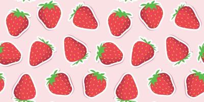 Cute red strawberries on a pink background. Trendy strawberry pattern design for wallpapers, print, fabric and stationery design. Red strawberry sticker pattern. Illustrated vector fruit.