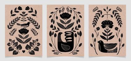 conjunto de adornos simétricos con aves, flores y hojas con diferentes composiciones folclóricas. motivo en estilo escandinavo. ilustración plana étnica con textura de papel en negro. vector