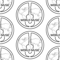 Black and white pattern with guitar and world map, text World music. Linear black pattern with a guitar on a white background. Seamless pattern for textile, wallpaper or wrapper. vector