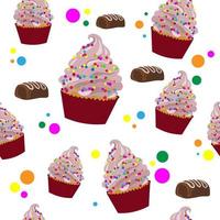 patrón impecable con cupcake, muffin decorado con crema batida, chispas y chocolates. postre dulce. fondo con puntos, cupcakes y pasteles. diseño de impresión para una pastelería, tienda, blogger