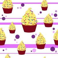 seamless pattern of confetti and cupcakes, decorated with whipped cream and pastry sprinkles. Vector 10 EPS. Background with dots and cupcakes and pastries. Print design for pastry shop, shopper