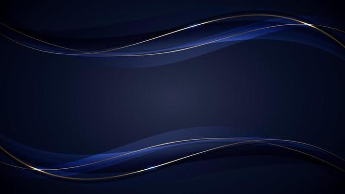 Banner web template abstract blue and golden wave curved lines overlapping layer design on dark blue background luxury style