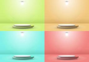 Set of 3D realistic green, yellow, blue and red podium or pedestal with circle light lamp in stage ceremony background