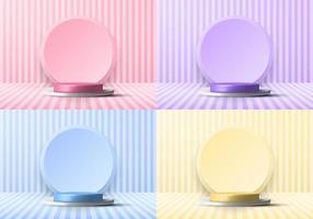 Set of 3D realistic pink , purple, blue, yellow and white  podium studio stage and circle backdrop for display showcase vector