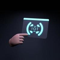 Hand holding neon IoT logo. Internet of thing concept. 3d render illustration.