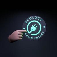 The hand holds a neon Icon on the theme of ECO. Ecology concept. 3d render. photo