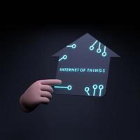 Hand holding neon IoT logo. Internet of thing concept. 3d render illustration. photo