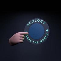 The hand holds a neon Icon on the theme of ECO. Ecology and conservation of the planet. 3d render illustration. photo