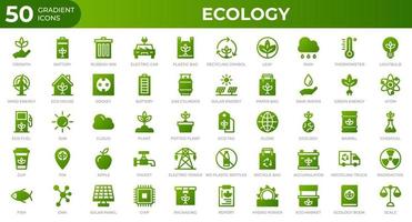 Set of 50 Ecology web icons in gradient style. Recycling, biology, renewable energy. Gradient icons collection. Vector illustration