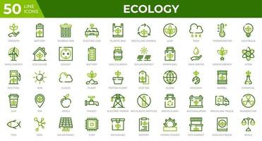 Set of 50 Ecology web icons in colored line style. Recycling, biology, renewable energy. Colored outline icons collection. Vector illustration