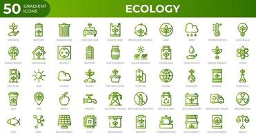 Set of 50 Ecology web icons in gradient style. Recycling, biology, renewable energy. Gradient icons collection. Vector illustration