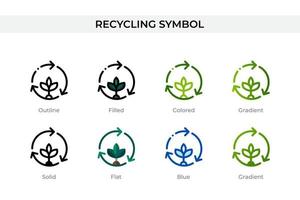 icono de símbolo de reciclaje en un estilo diferente. iconos vectoriales de símbolo de reciclaje diseñados en estilo de contorno, sólido, coloreado, relleno, degradado y plano. símbolo, ilustración de logotipo. ilustración vectorial vector