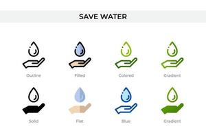 Guardar icono de agua en un estilo diferente. Guardar iconos de vectores de agua diseñados en contorno, sólido, coloreado, relleno, degradado y estilo plano. símbolo, ilustración de logotipo. ilustración vectorial