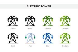 icono de la torre eléctrica en un estilo diferente. iconos vectoriales de torre eléctrica diseñados en contorno, sólido, coloreado, relleno, degradado y estilo plano. símbolo, ilustración de logotipo. ilustración vectorial vector