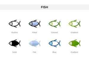 icono de pescado en un estilo diferente. iconos vectoriales de peces diseñados en contorno, sólido, coloreado, relleno, degradado y estilo plano. símbolo, ilustración de logotipo. ilustración vectorial vector