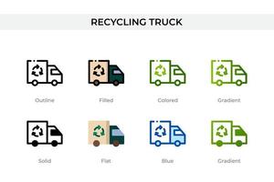 icono de camión de reciclaje en un estilo diferente. iconos de vectores de camiones de reciclaje diseñados en contorno, sólido, coloreado, relleno, degradado y estilo plano. símbolo, ilustración de logotipo. ilustración vectorial