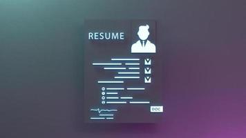 Candidate resume neon icon. Personnel search concept. 3d render illustration. photo