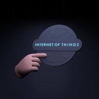 Hand holding neon IoT logo. Internet of thing concept. 3d render illustration. photo