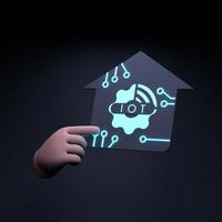 Hand holding neon IoT logo. Internet of thing concept. 3d render illustration. photo