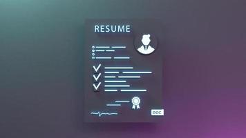 Candidate resume neon icon. Personnel search concept. 3d render illustration. photo